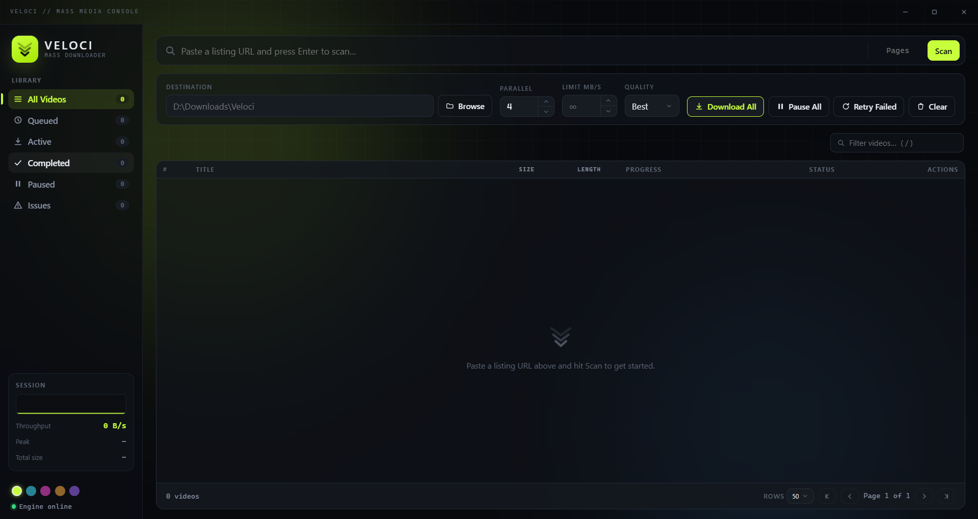 Veloci desktop app UI, showing the video queue console